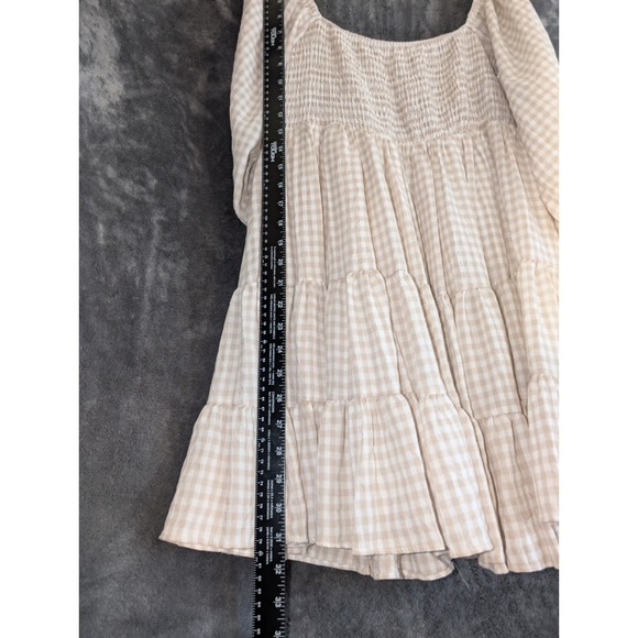 Mable Tan/White Gingham Smocked Bodice Ruffle Hem Dress-Size M (Instagram Dress) - Picture 6 of 7